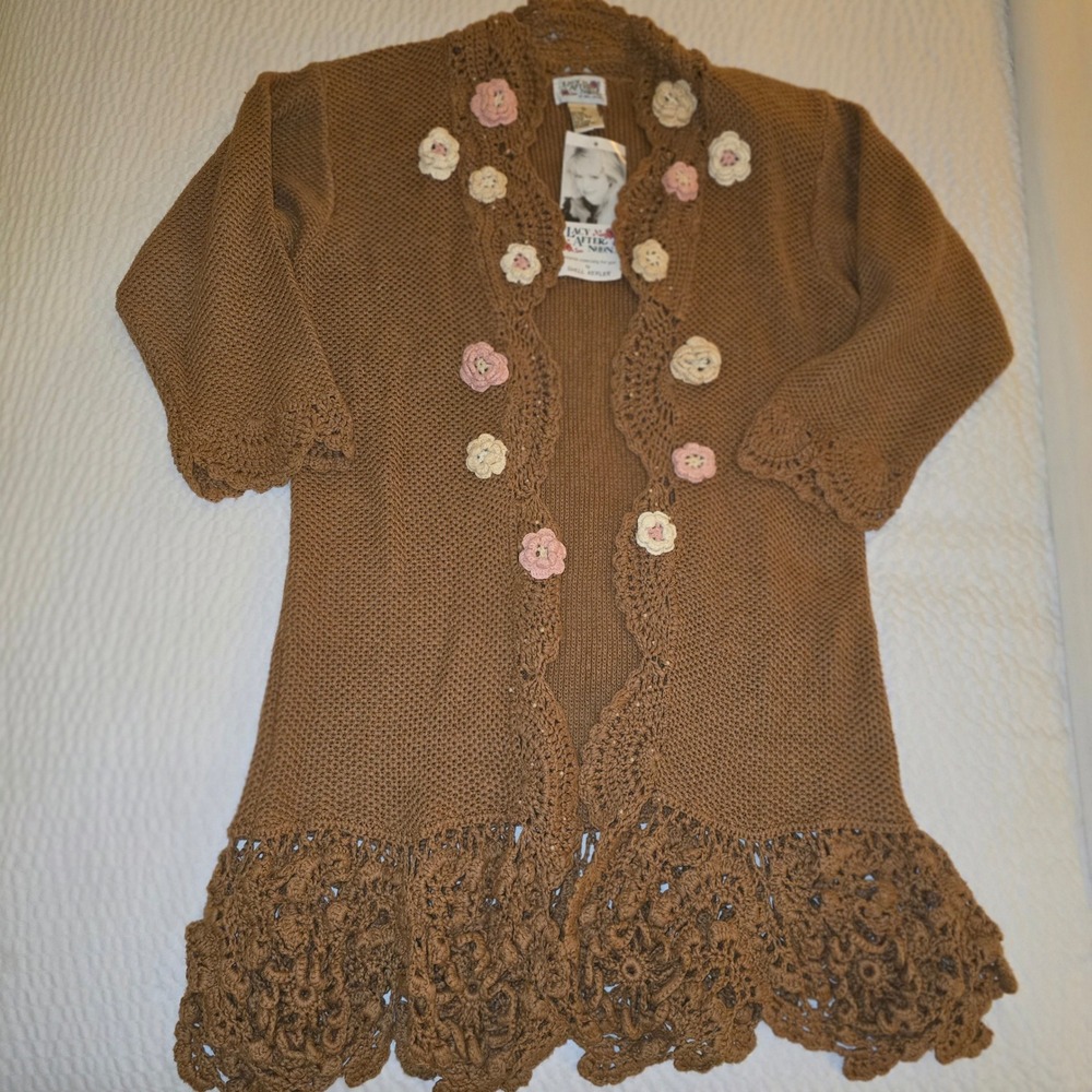 VINTAGE 90s Lacy Afternoon Shell Kepler Floral Crochet Duster Cardigan NWT Small